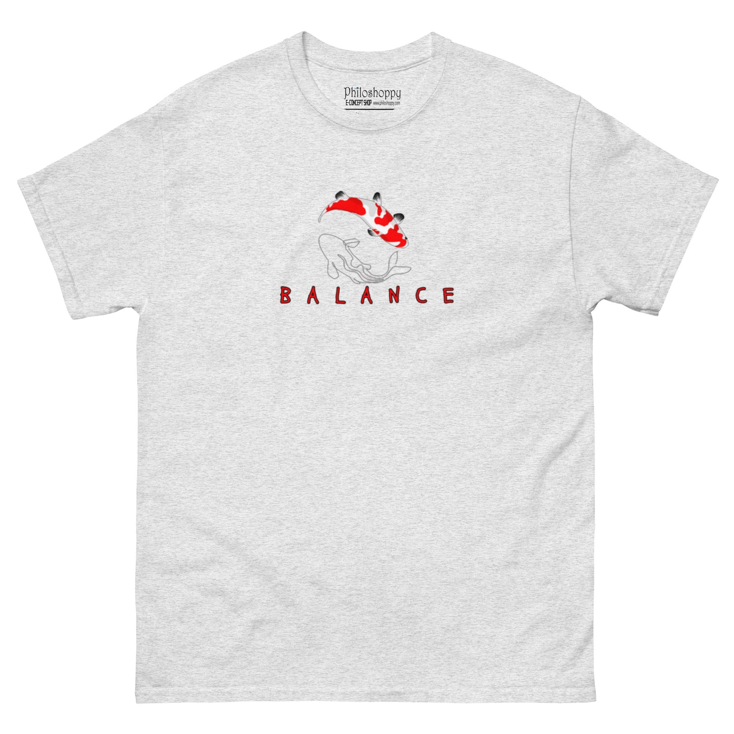 Grey unisex cotton t-shirt with “Balance” text and two intertwining koi fish design, soft, breathable, minimalist fit.