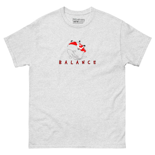 Grey unisex cotton t-shirt with “Balance” text and two intertwining koi fish design, soft, breathable, minimalist fit.