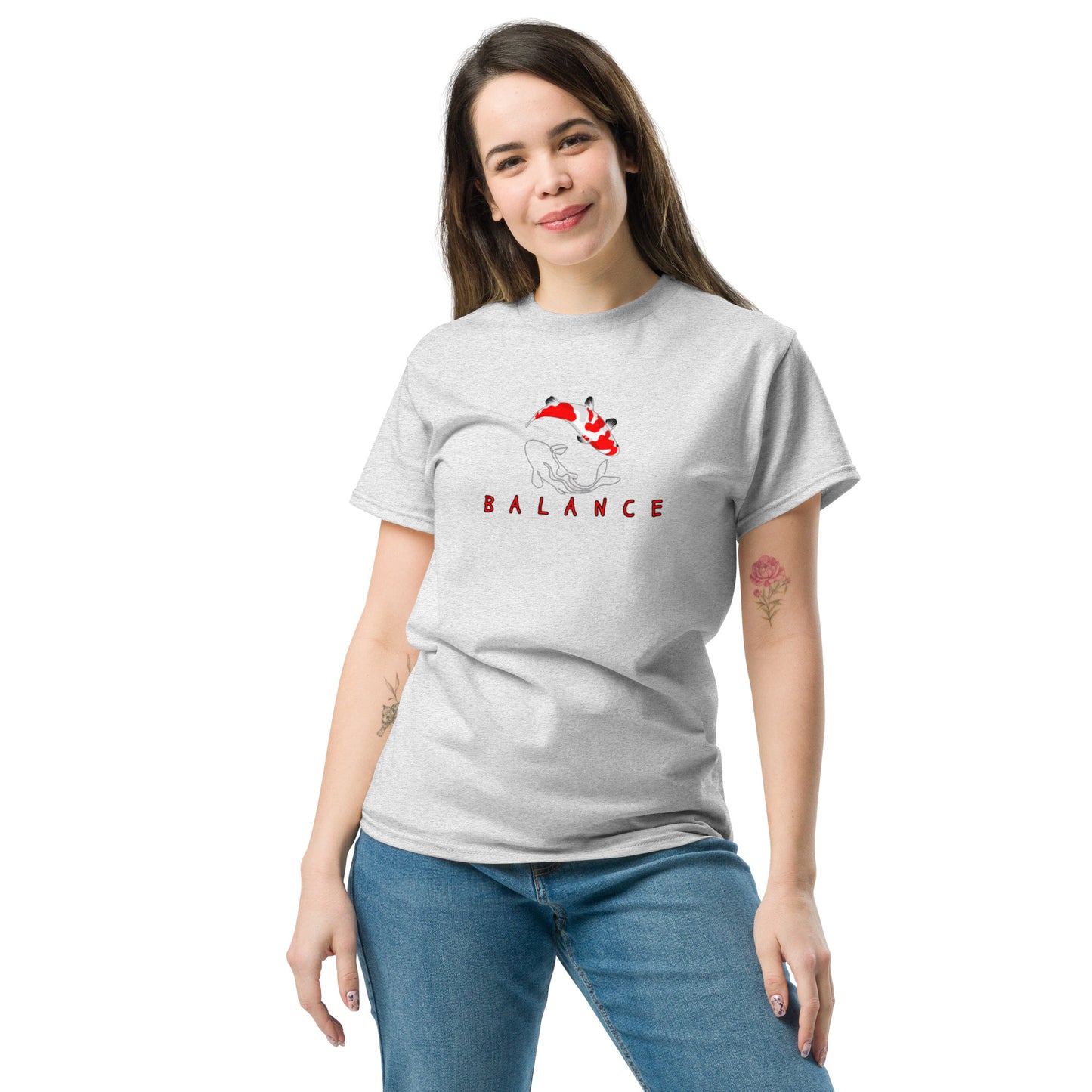 Grey cotton t-shirt with “Balance” print and koi fish illustration, unisex design symbolizing harmony, flow, and mindful living.