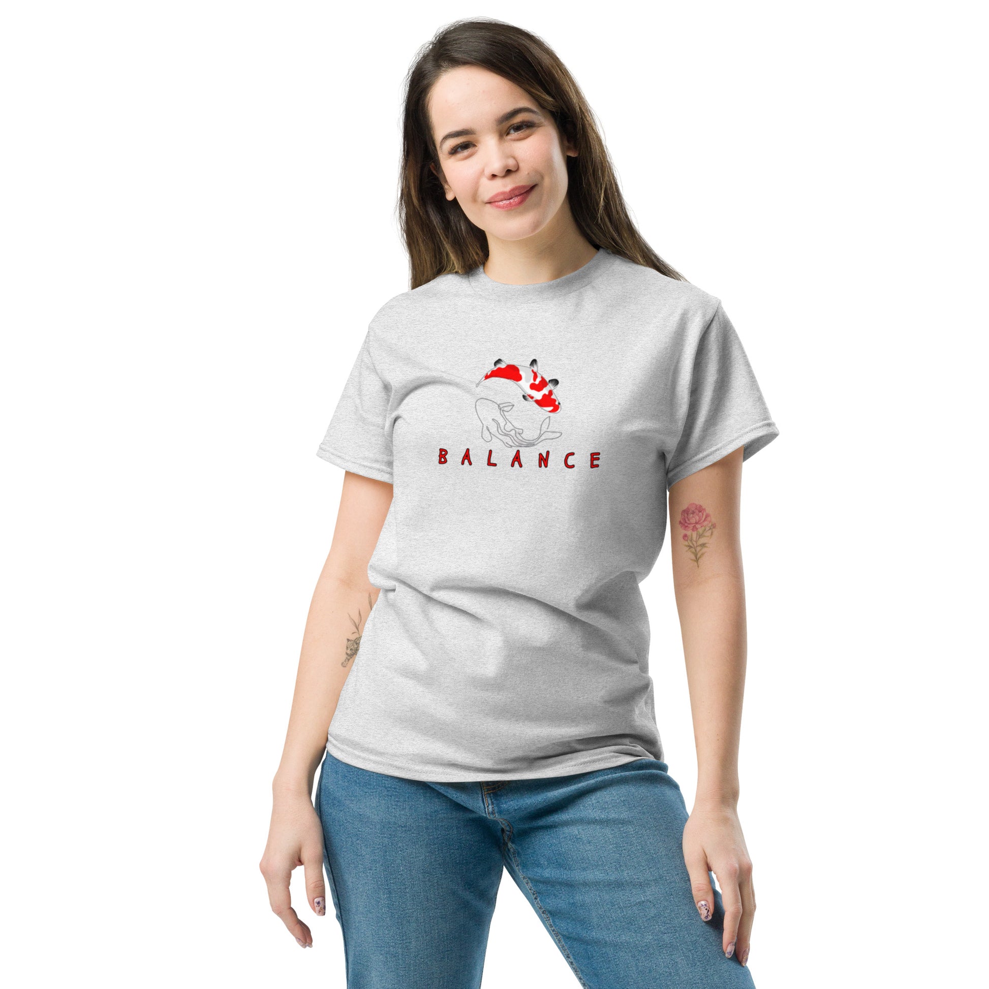Grey cotton t-shirt with “Balance” print and koi fish illustration, unisex design symbolizing harmony, flow, and mindful living.