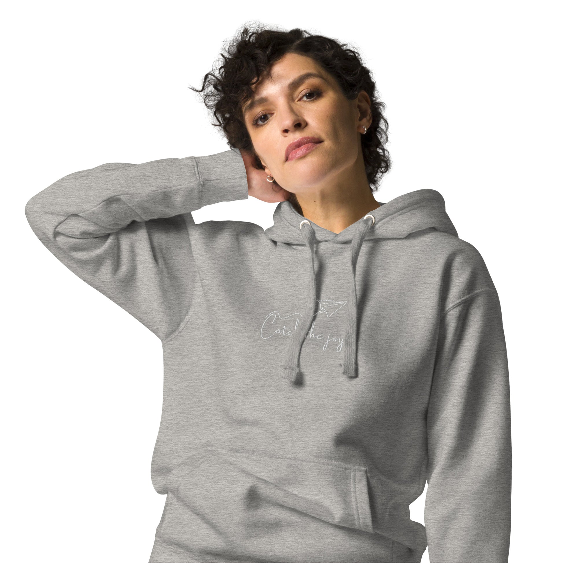 Grey embroidered hoodie with the phrase “Catch the Joy”, a wearable reminder to notice the small moments and hold onto what makes you feel alive.