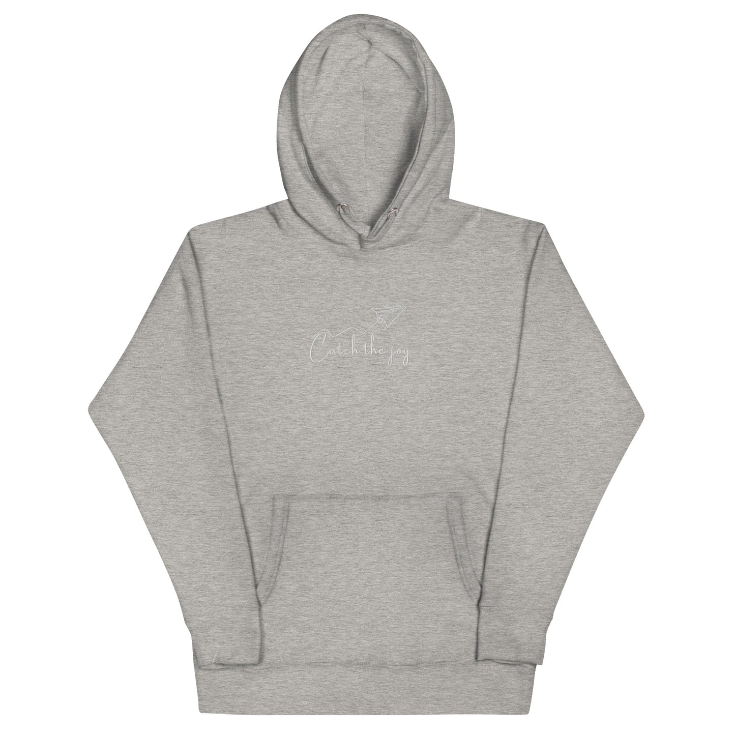 Grey unisex cotton hoodie with “Catch the Joy” embroidery, soft, cozy fabric with minimalist design and relaxed fit.