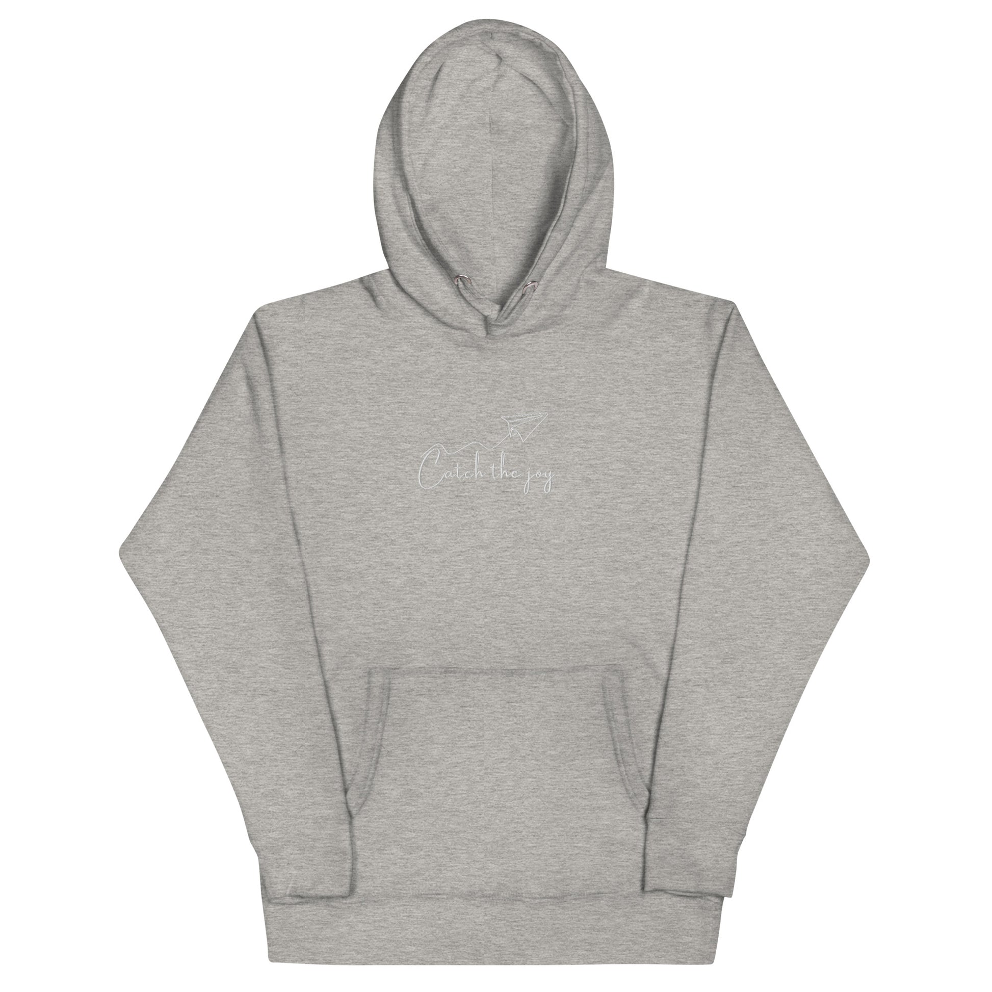 Grey unisex cotton hoodie with “Catch the Joy” embroidery, soft, cozy fabric with minimalist design and relaxed fit.
