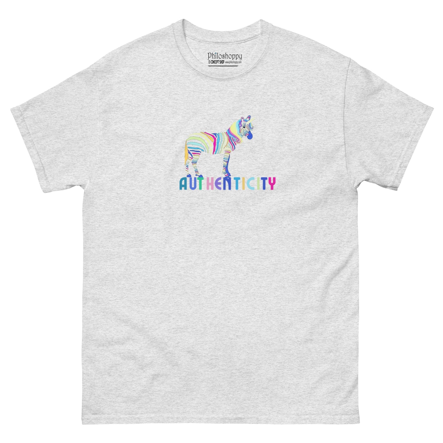 Grey unisex cotton t-shirt with colorful zebra graphic and “Authenticity” text, soft, breathable fabric for everyday wear.