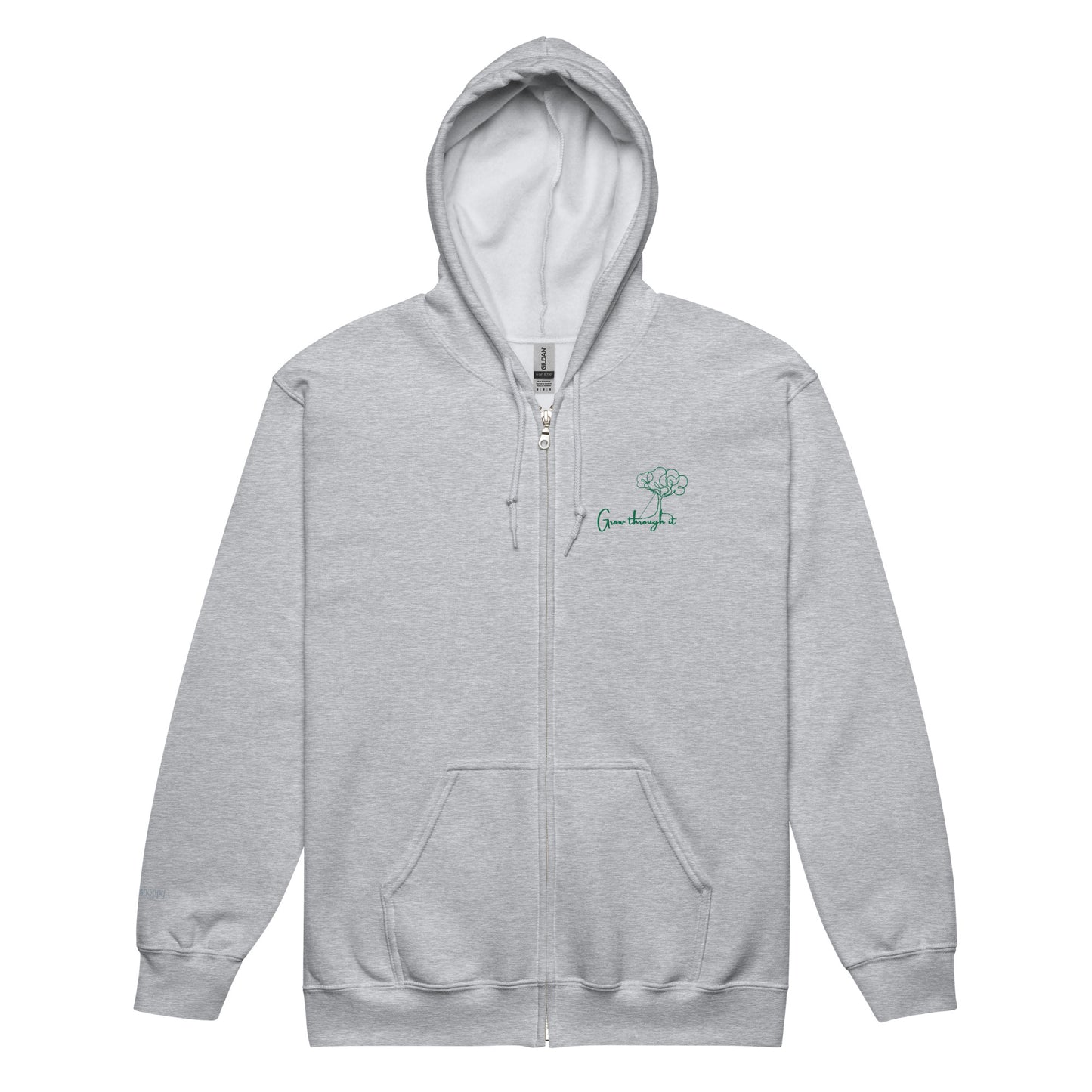 Grey unisex cotton zipped hoodie featuring “Grow Through It” embroidery with a minimalist tree, a gentle reminder that every challenge holds the seed of growth.