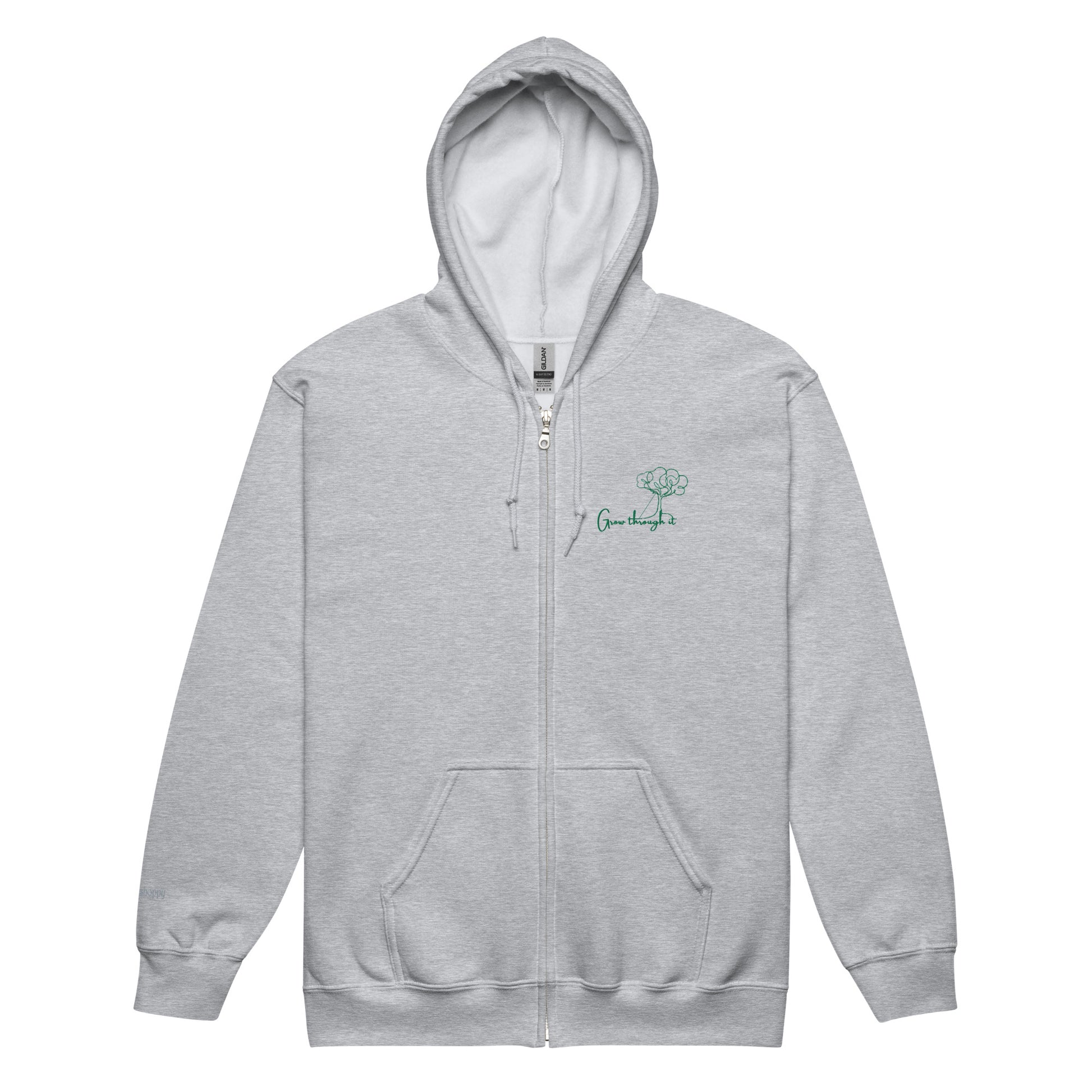 Grey unisex cotton zipped hoodie featuring “Grow Through It” embroidery with a minimalist tree, a gentle reminder that every challenge holds the seed of growth.