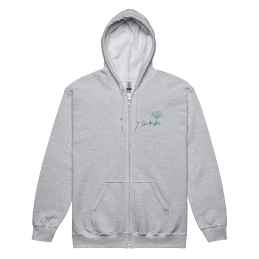 Grey unisex cotton zipped hoodie featuring “Grow Through It” embroidery with a minimalist tree, a gentle reminder that every challenge holds the seed of growth.