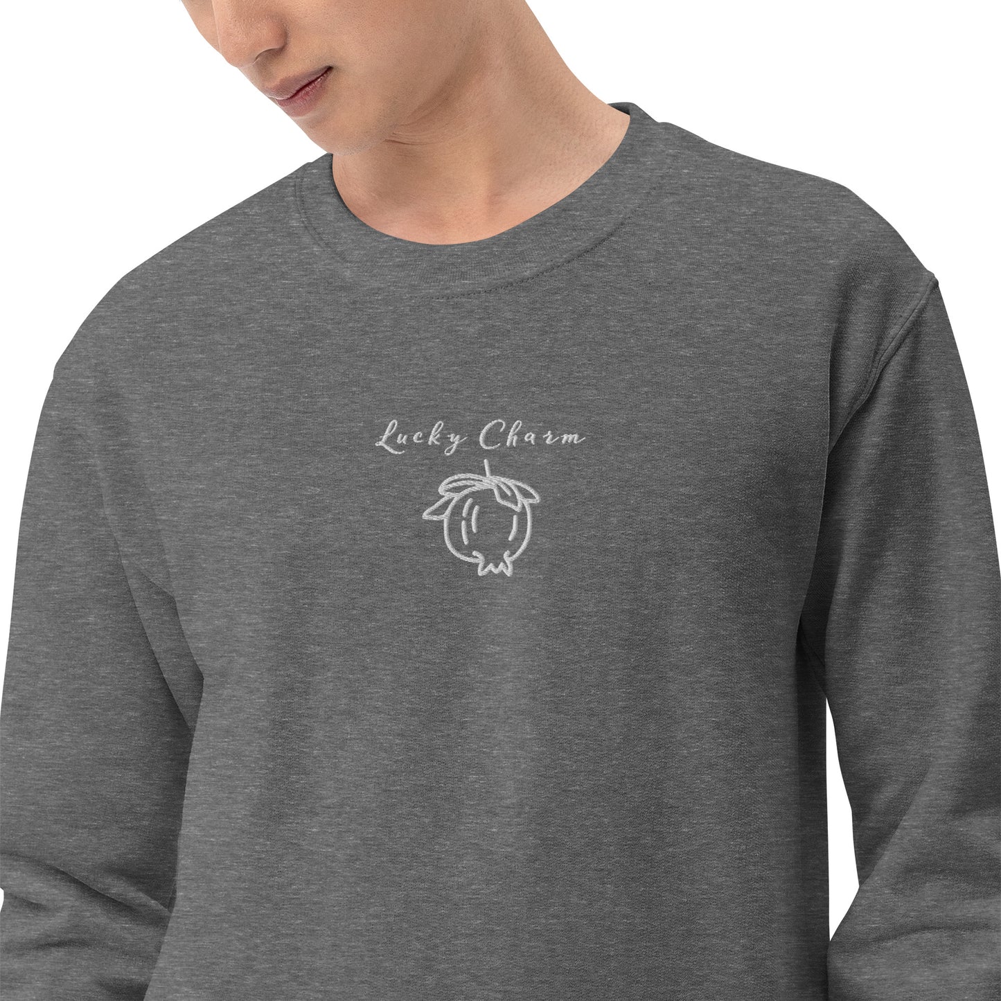 Grey embroidered sweatshirt with “Lucky Charm” and pomegranate motif, unisex design symbolizing abundance, positivity, and good fortune.