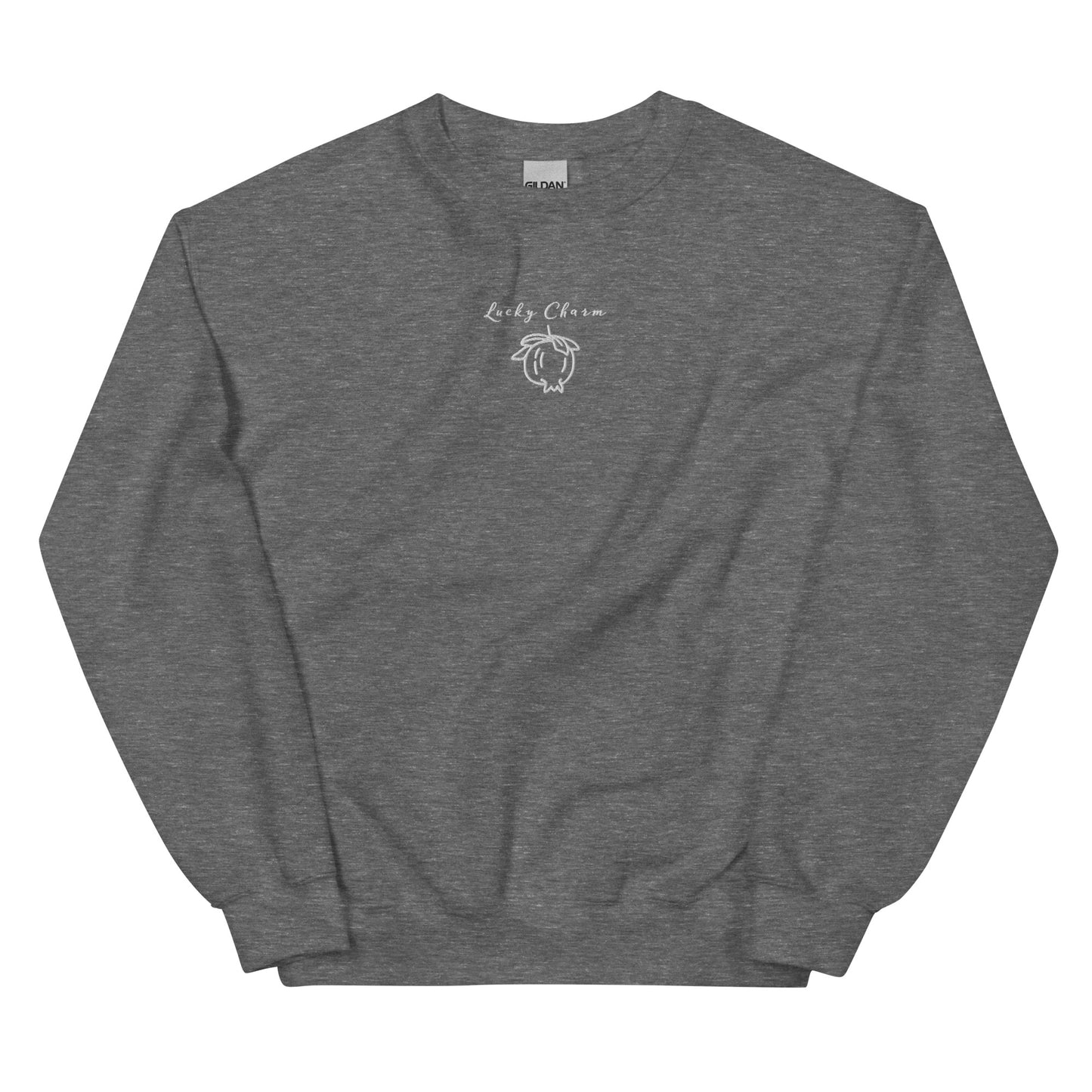 Grey cotton sweatshirt featuring “Lucky Charm” embroidery and minimal pomegranate, a wearable reminder to cultivate gratitude, optimism, and small joys in everyday life.