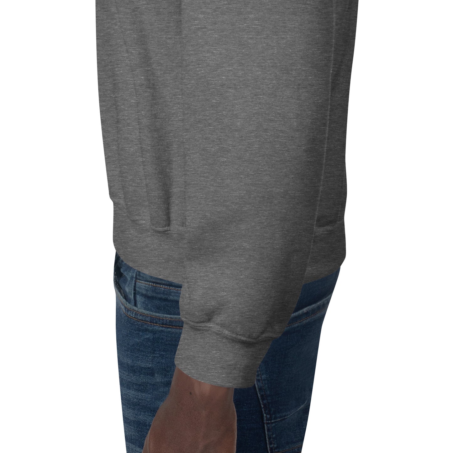 Grey unisex cotton sweatshirt with “Lucky Charm” embroidery and pomegranate design, soft, relaxed fit.