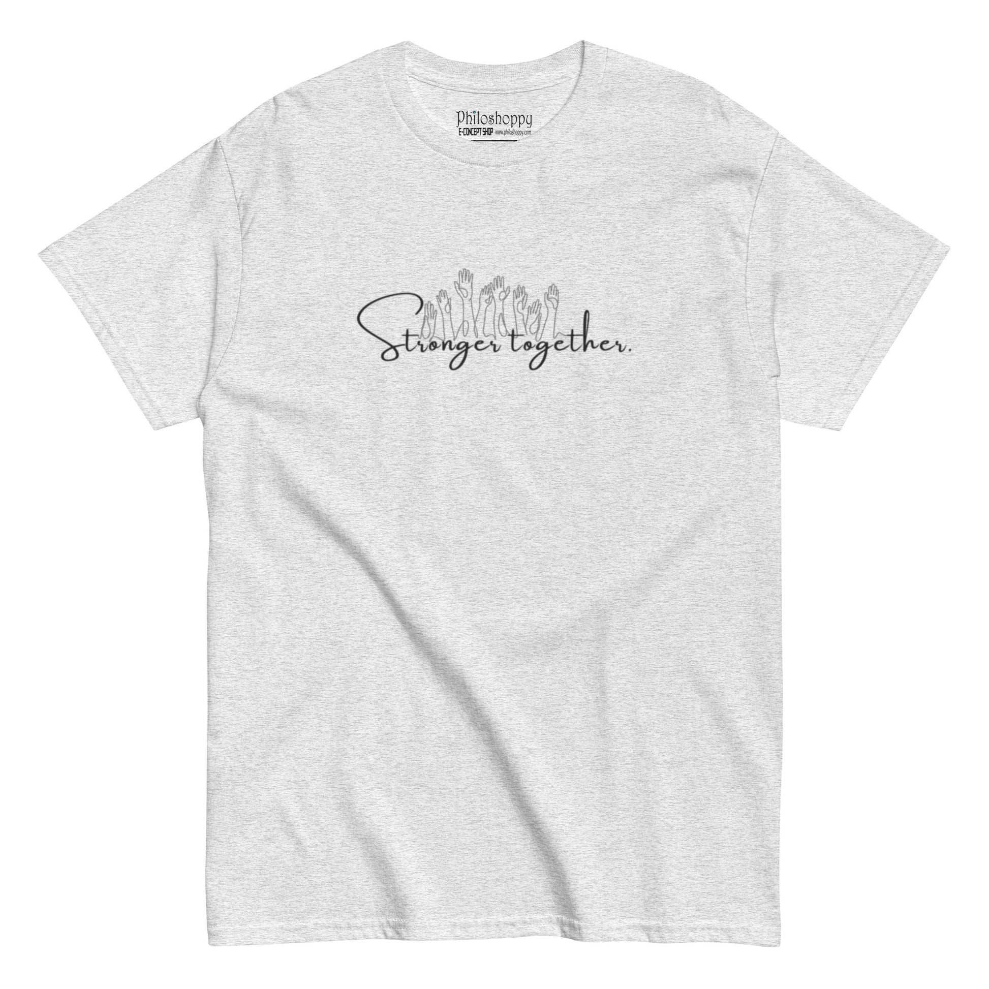 Grey minimalist t-shirt with “Stronger Together” text, unisex design symbolizing unity, empathy, and collective strength.