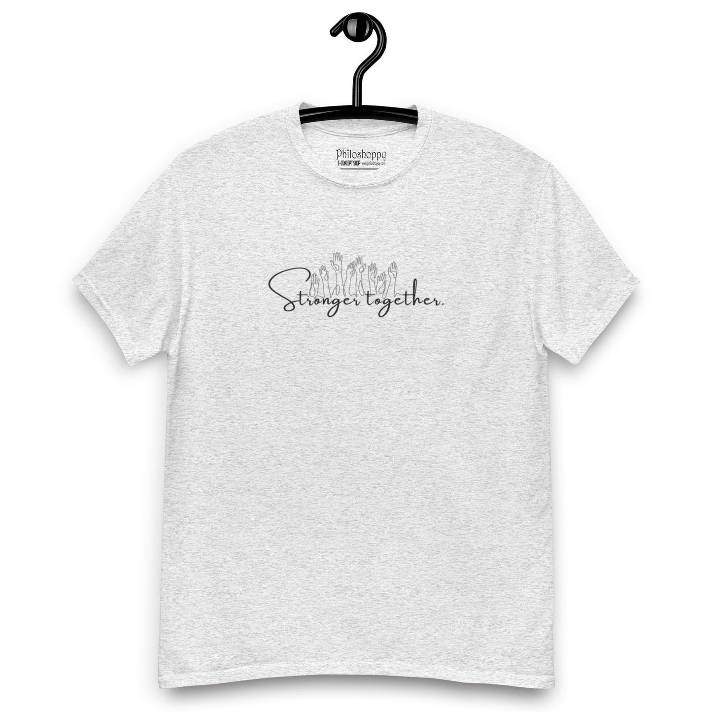 Grey unisex cotton t-shirt with “Stronger Together” print, soft, breathable fabric with relaxed fit.
