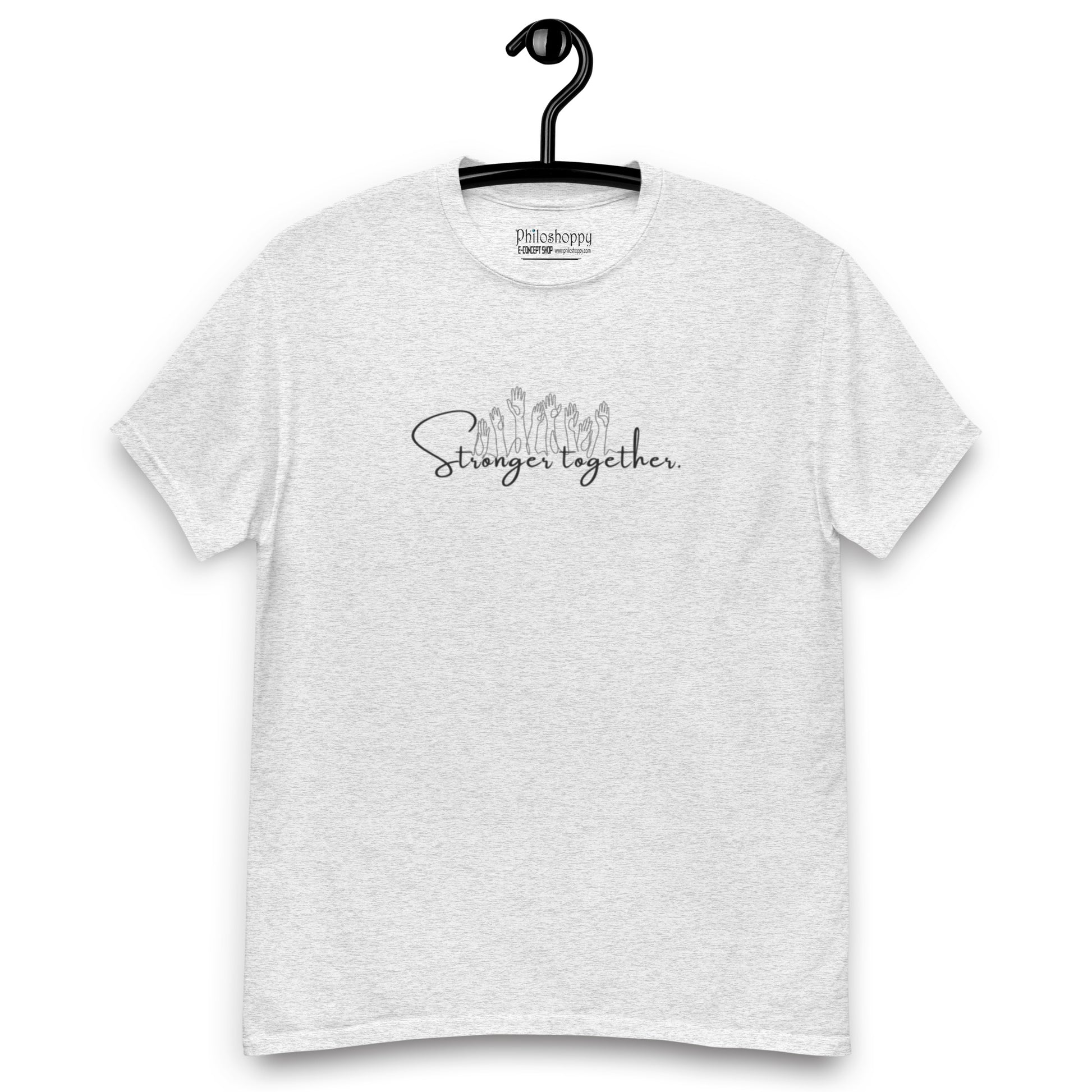 Grey unisex cotton t-shirt with “Stronger Together” print, soft, breathable fabric with relaxed fit.