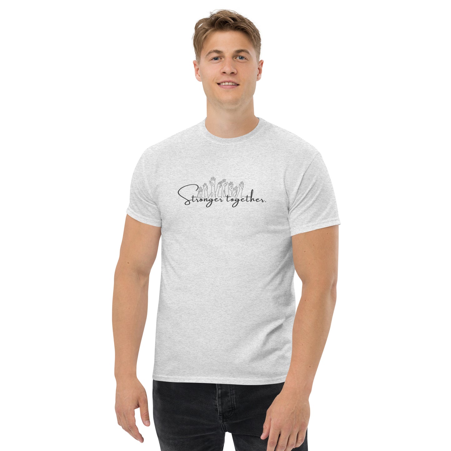 Grey minimalist t-shirt with “Stronger Together” text, unisex design symbolizing unity, empathy, and collective strength.