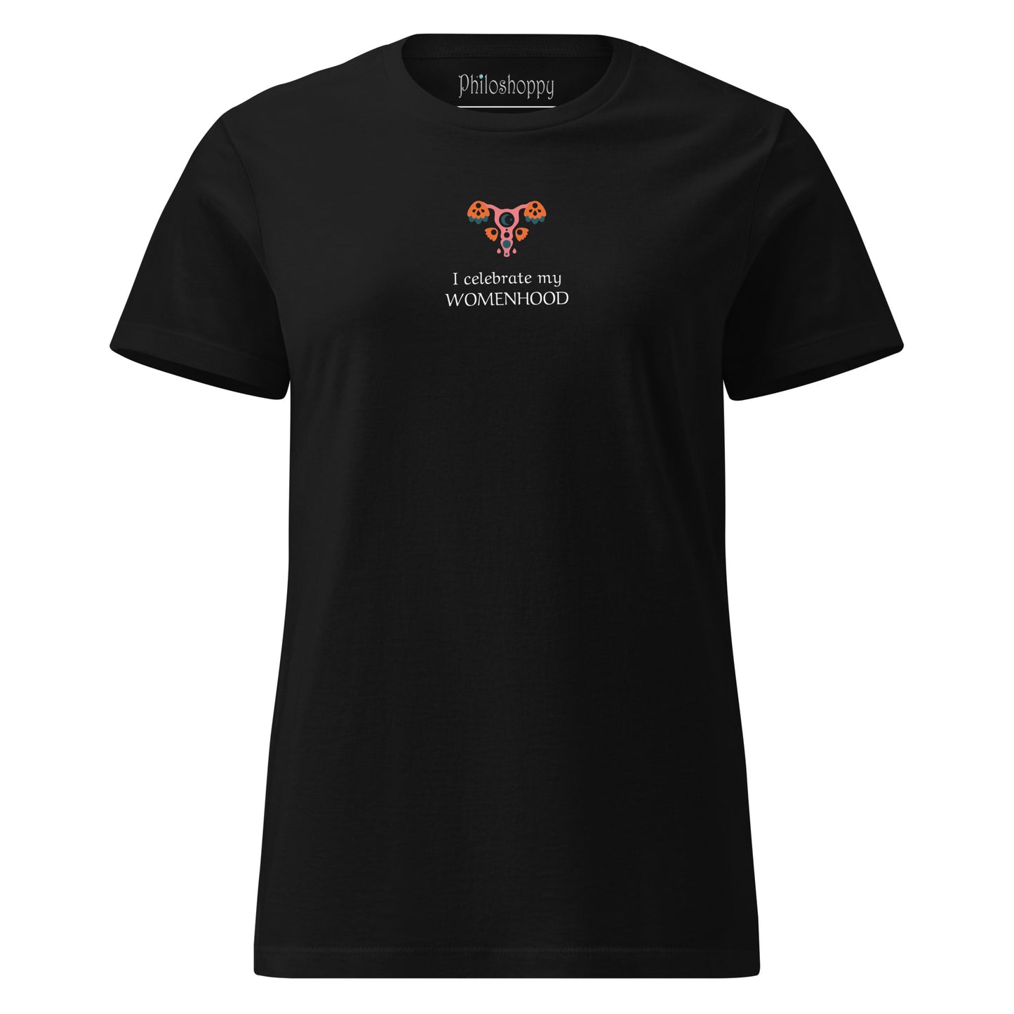 Front view of black women’s softstyle T-shirt with “I Celebrate My Womanhood” text and feminine symbol graphic.