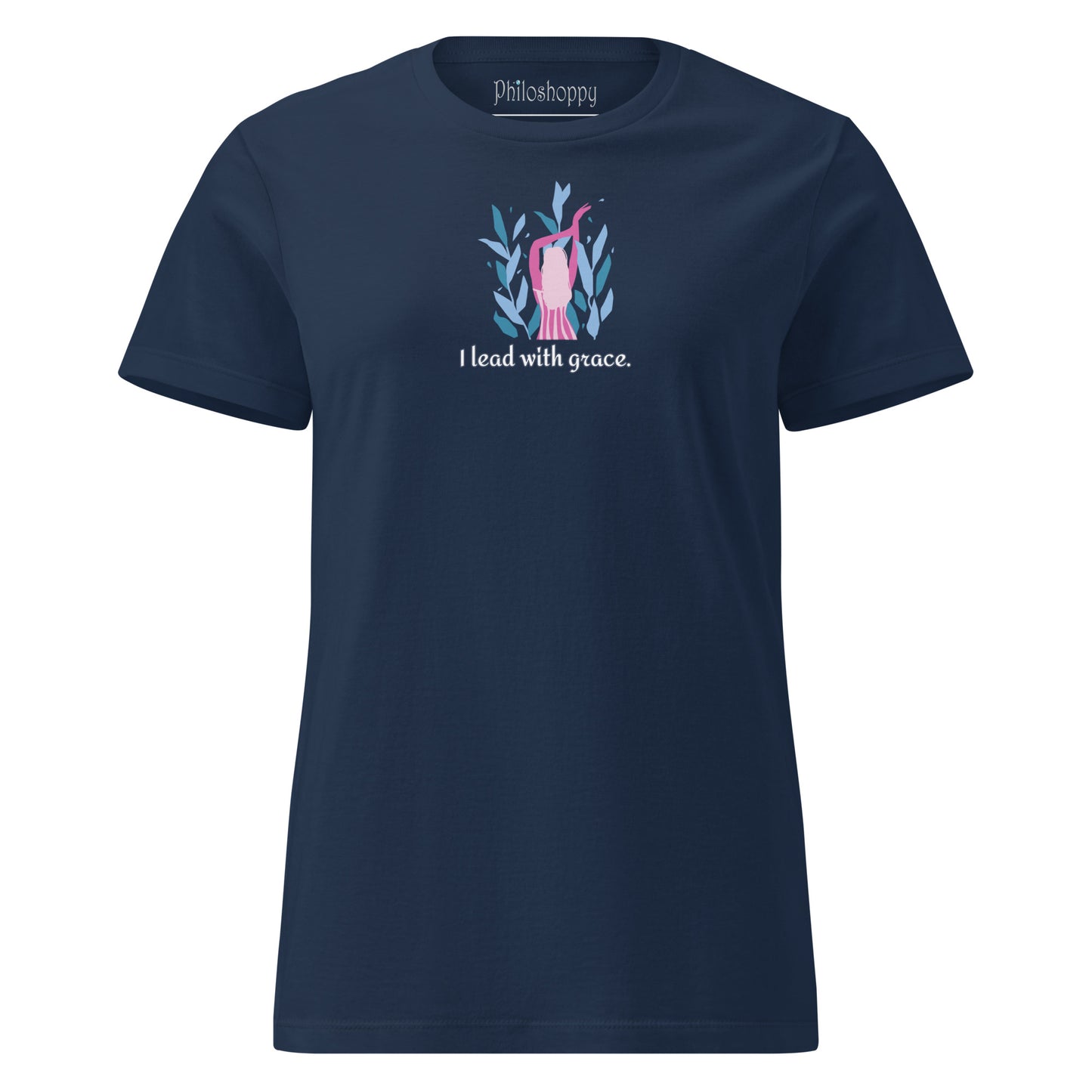 Front view of navy women’s softstyle T-shirt with “I Lead With Grace” text and feminine symbol graphic.