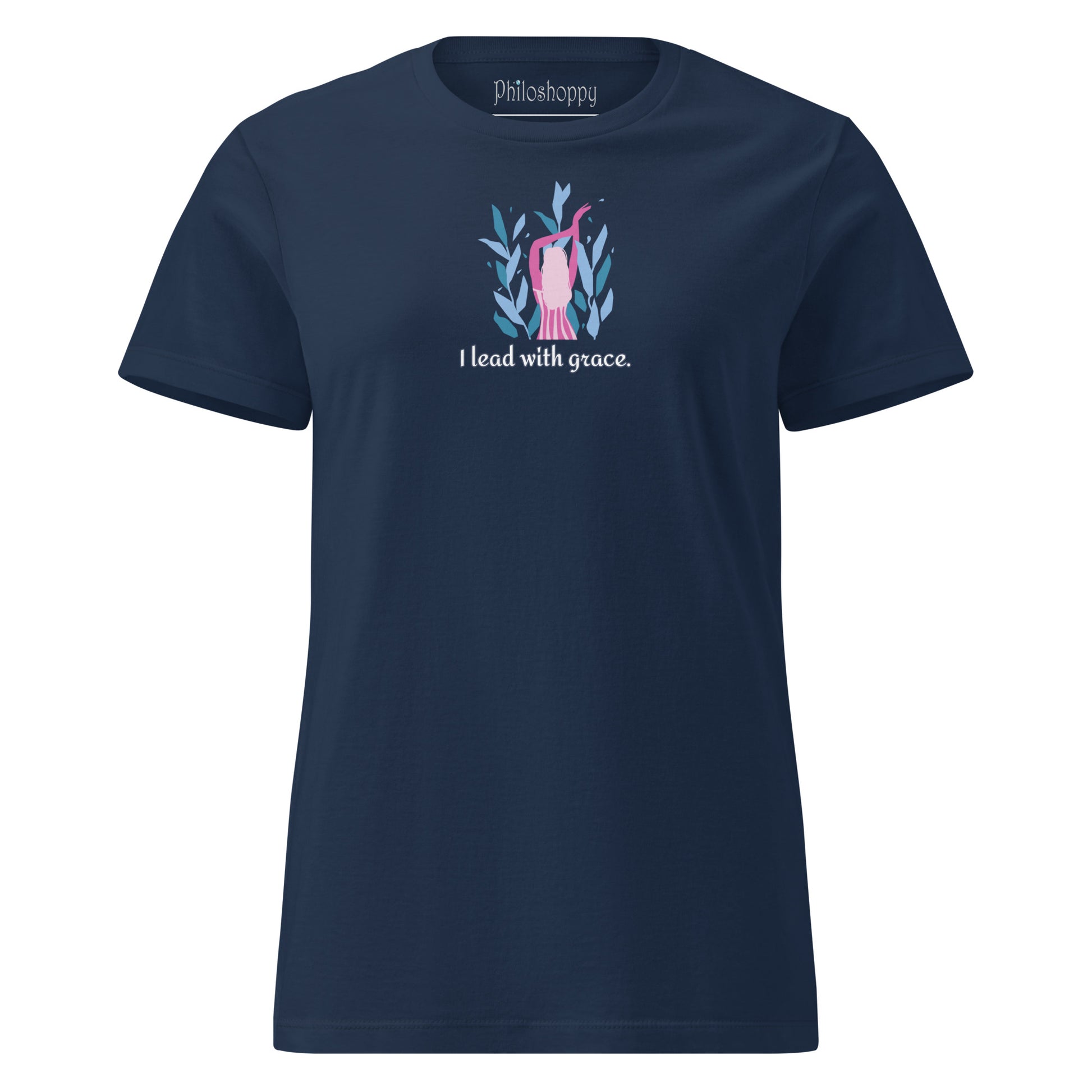 Front view of navy women’s softstyle T-shirt with “I Lead With Grace” text and feminine symbol graphic.