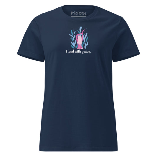 Front view of navy women’s softstyle T-shirt with “I Lead With Grace” text and feminine symbol graphic.