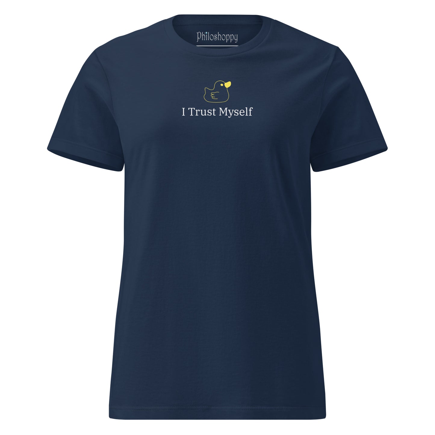 Front view of navy women’s softstyle T-shirt with “I Trust Myself” text and feminine symbol graphic.