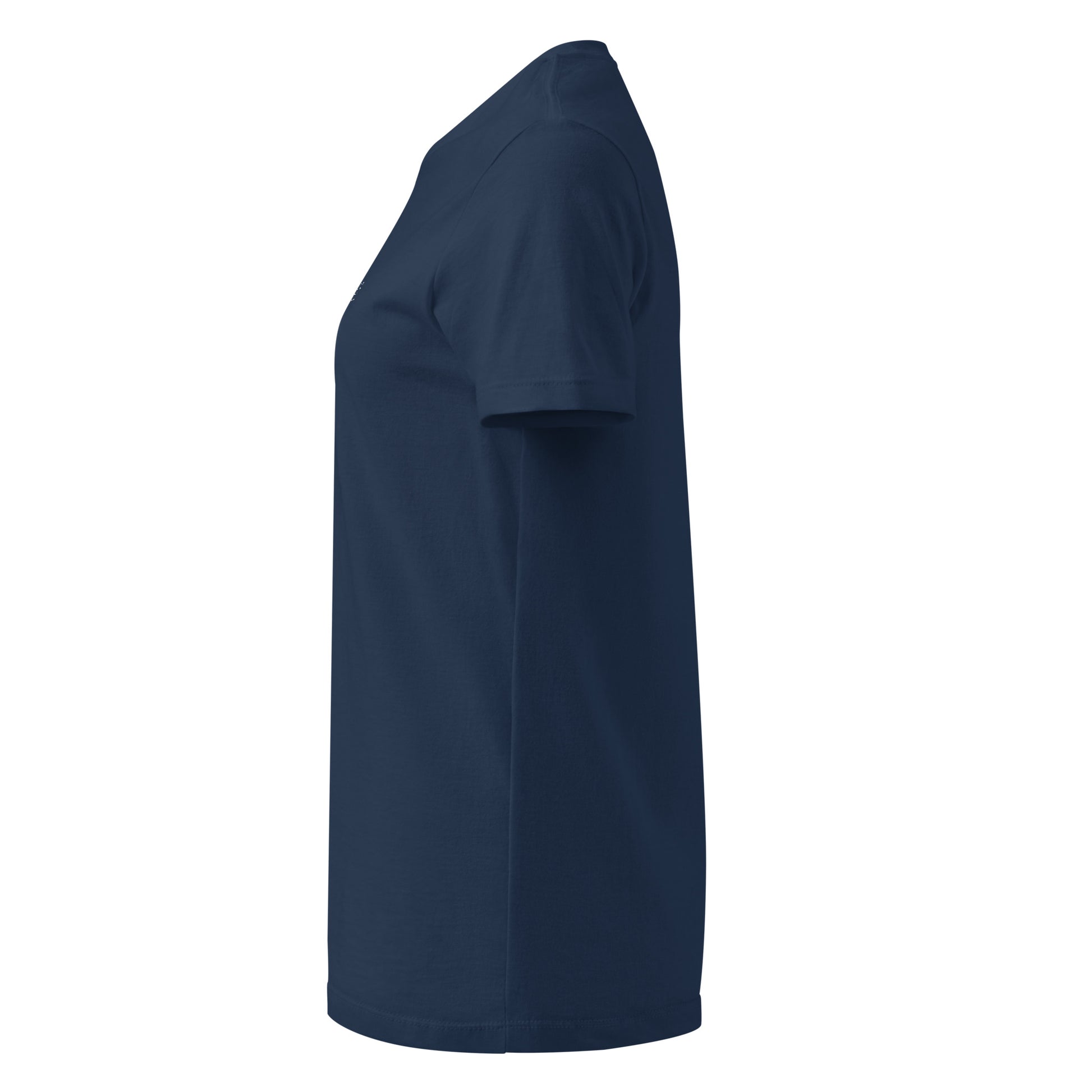 Left side view of navy women’s softstyle T-shirt with feminine symbol graphic.