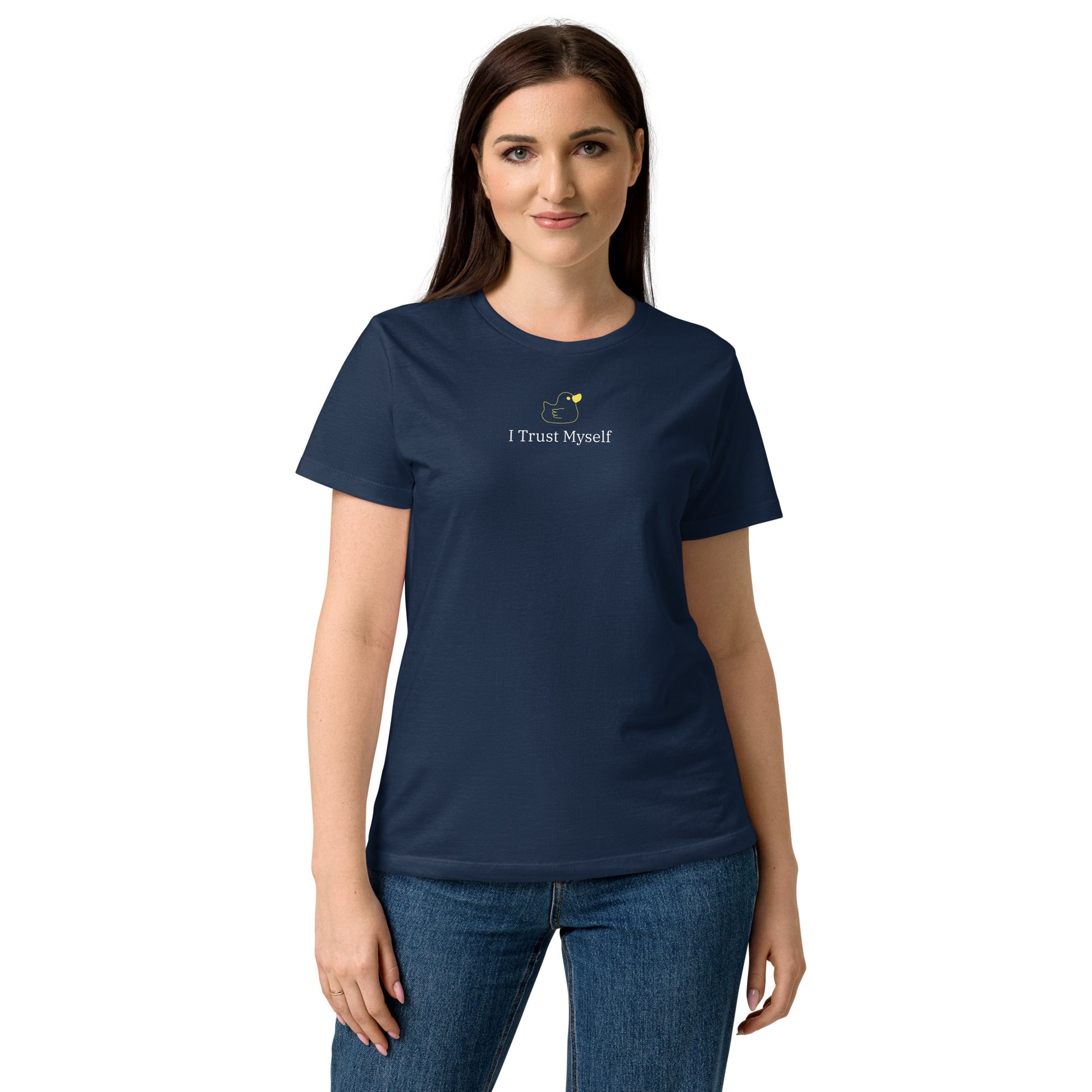Woman model wearing navy “I Trust Myself” softstyle T-shirt with feminine symbol graphic, celebrating self-belief and women’s empowerment.