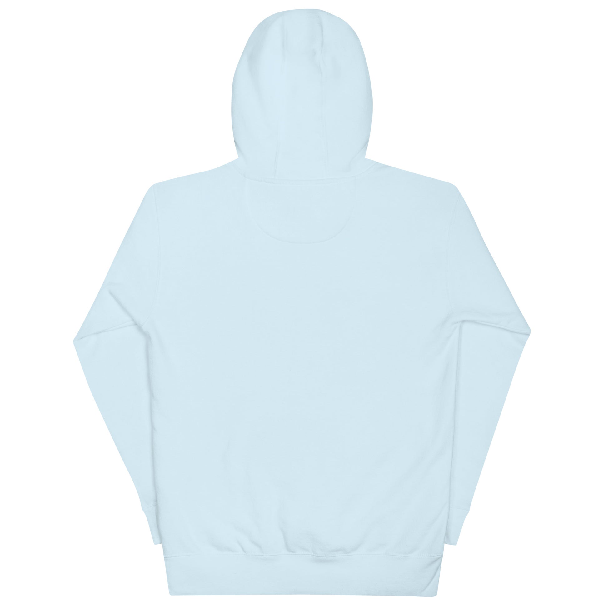 Mockup of the back of a Light blue hoodie featuring the words “Be Here Now”, a wearable reminder to pause, breathe, and find presence in each moment.