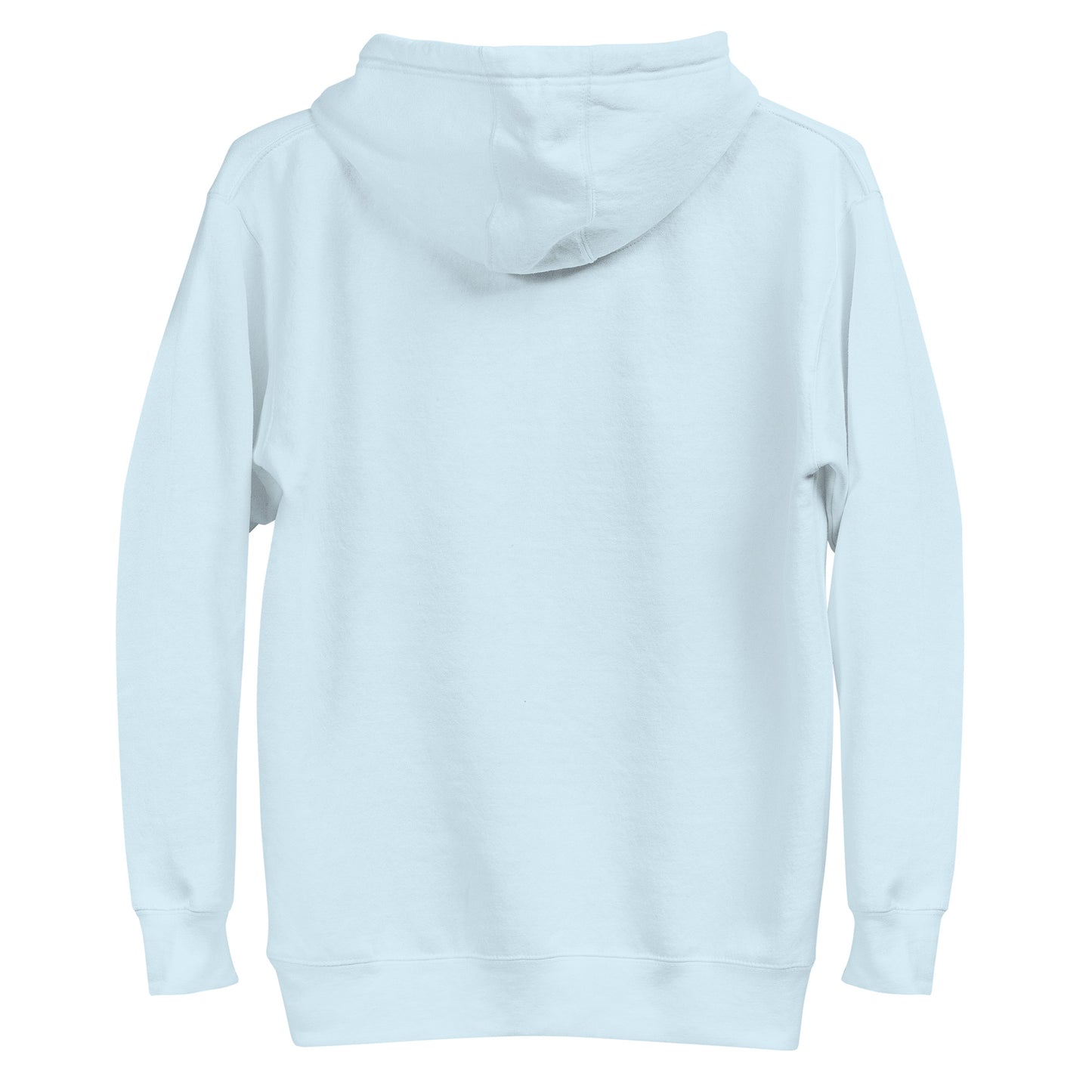 Mockup back of a Light blue unisex cotton hoodie with minimalist “Be Here Now” print, soft, cozy fabric for everyday comfort.