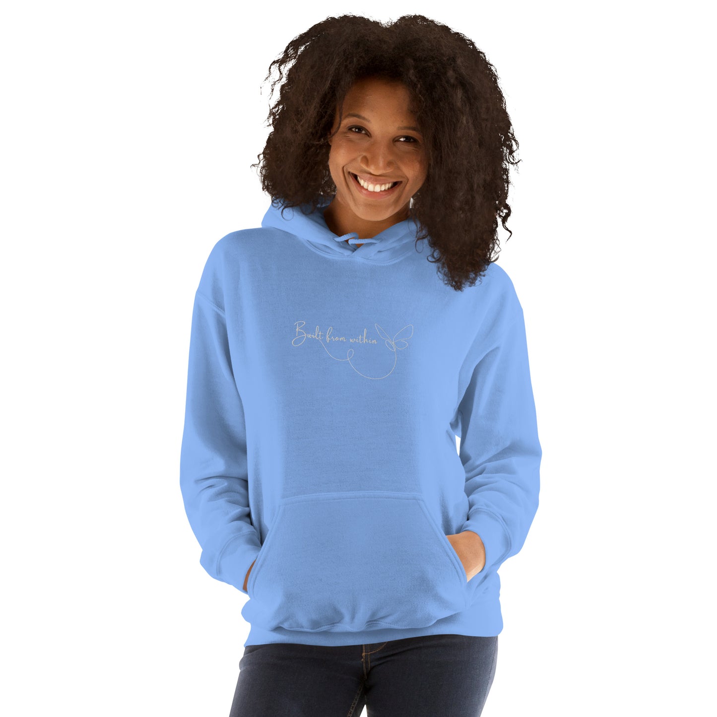 Relaxed light blue hoodie with “Build From Within” embroidered text, unisex design symbolizing inner strength, growth, and self-trust.
