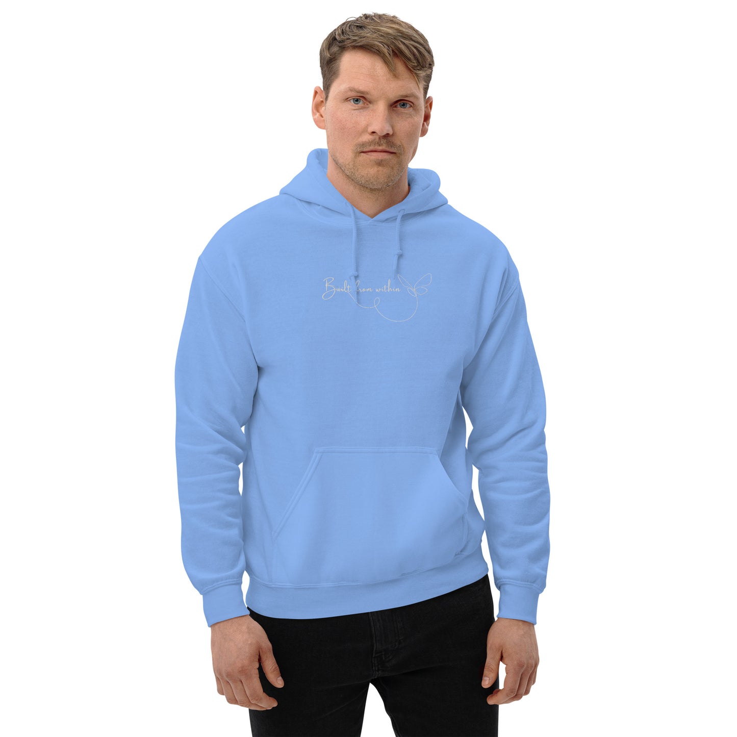 Light blue embroidered hoodie featuring the phrase “Build From Within”, a wearable reminder that real growth starts quietly, from the inside out.