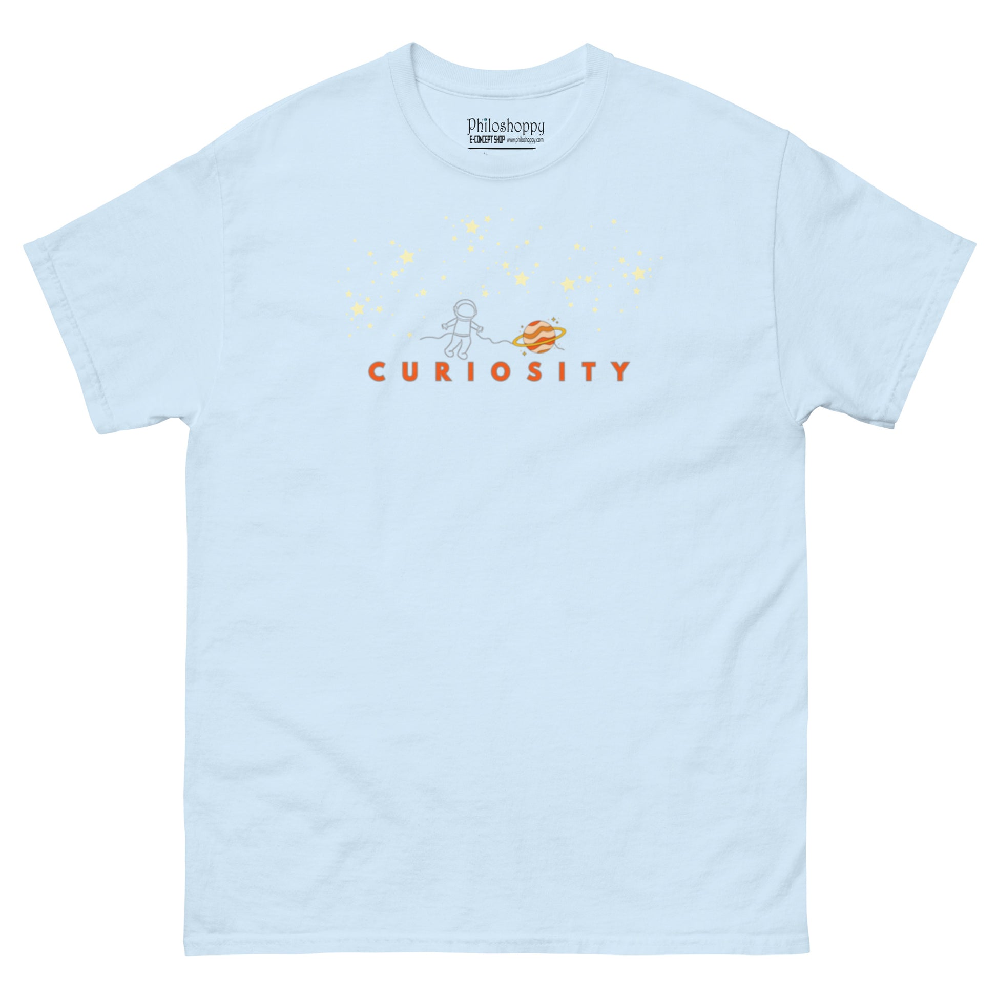 Light blue unisex cotton t-shirt with “Curiosity” text and minimal spaceman exploring stars design, soft, breathable, relaxed fit.