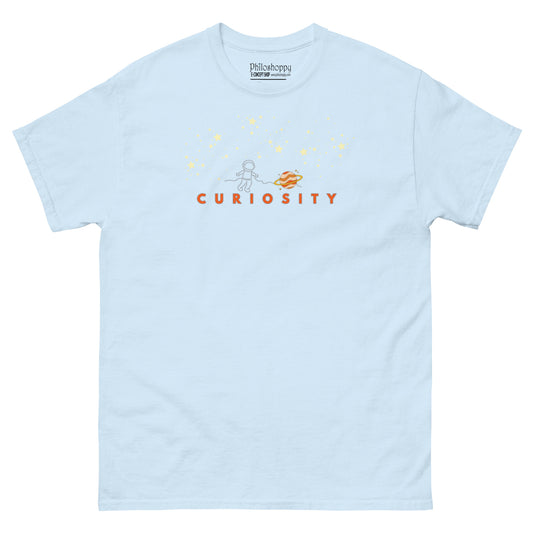 Light blue unisex cotton t-shirt with “Curiosity” text and minimal spaceman exploring stars design, soft, breathable, relaxed fit.