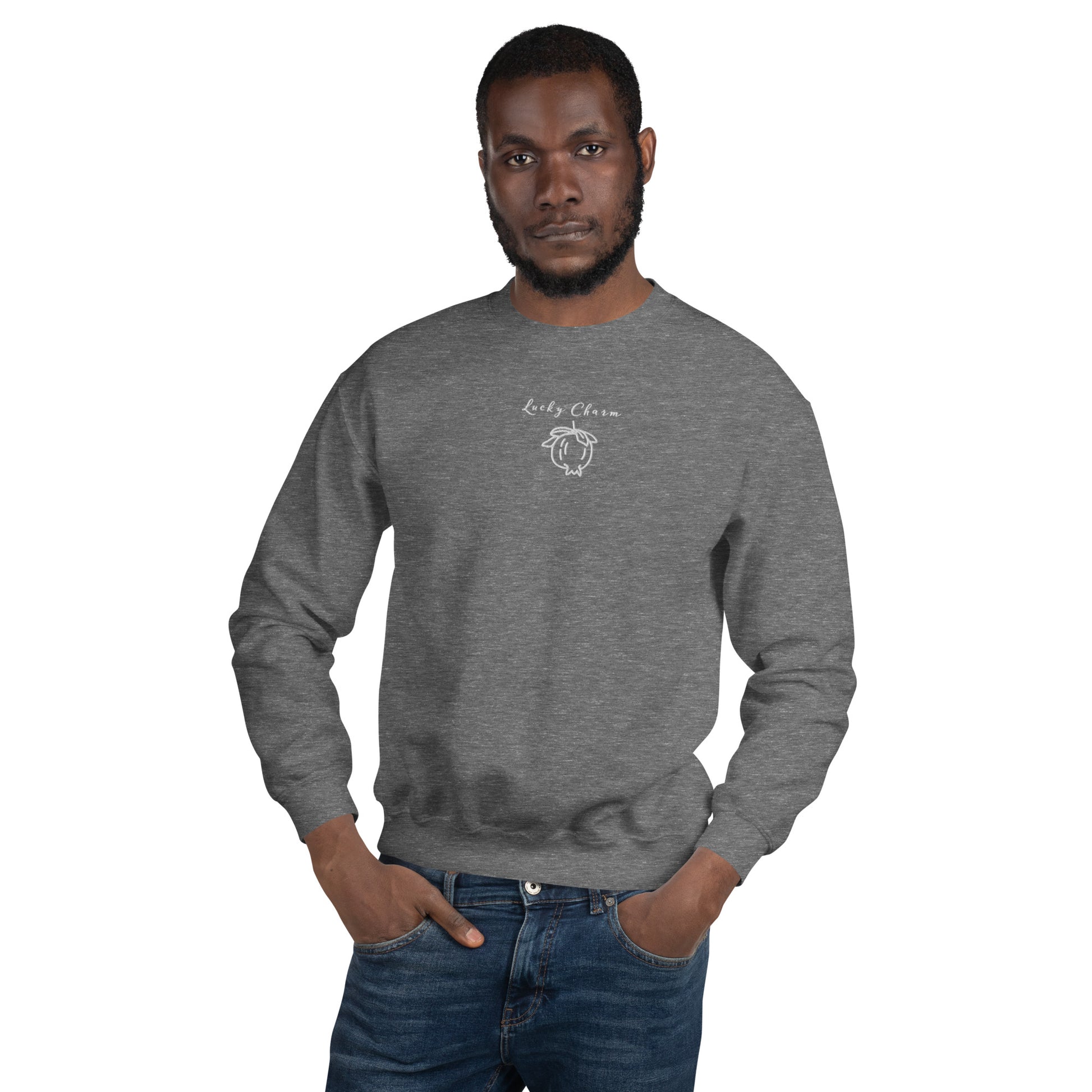 Grey embroidered sweatshirt with “Lucky Charm” and pomegranate motif, unisex design symbolizing abundance, positivity, and good fortune.