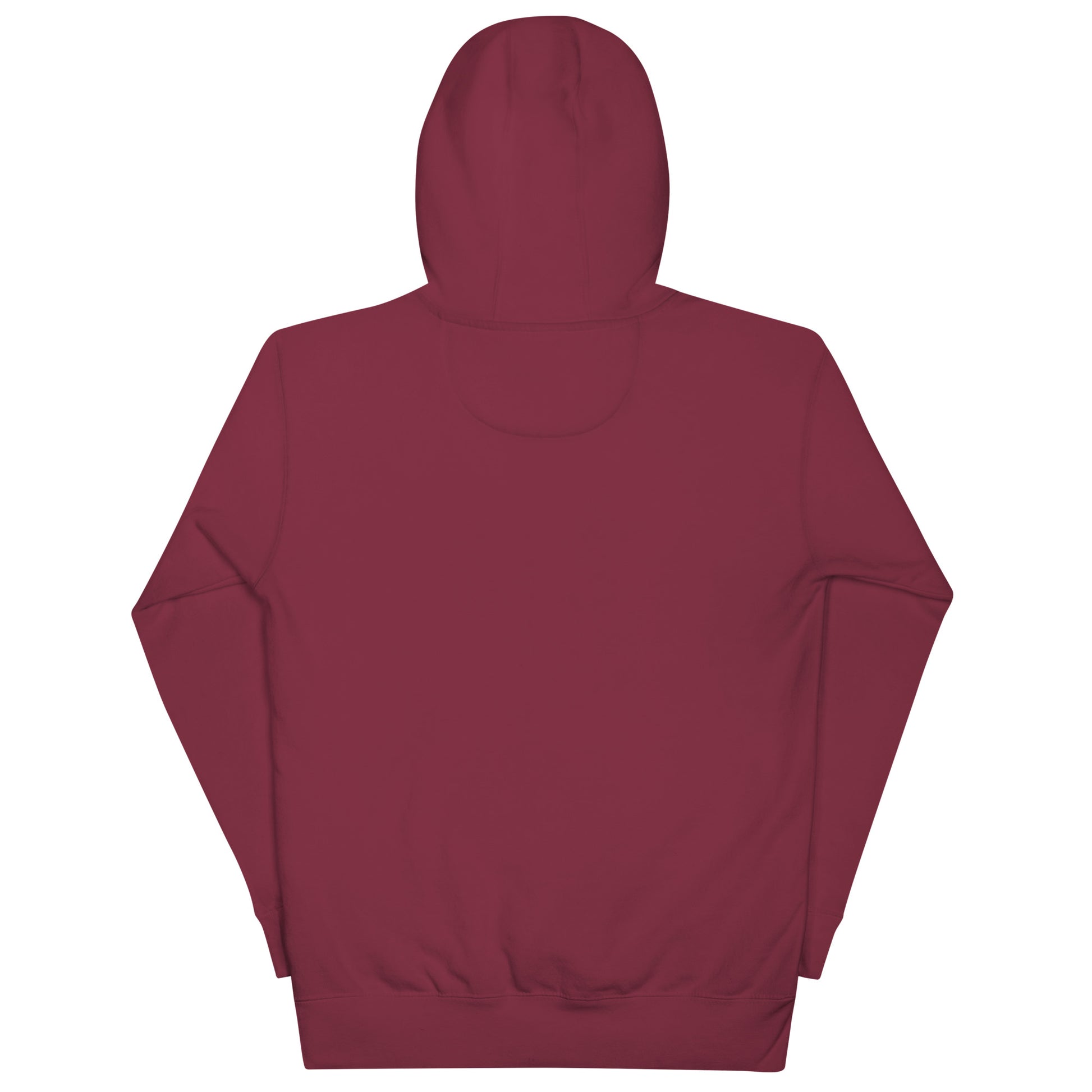 Mockup of back of Maroon unisex cotton hoodie with minimalist “Find Your Center” print,  soft, cozy fabric for everyday comfort.