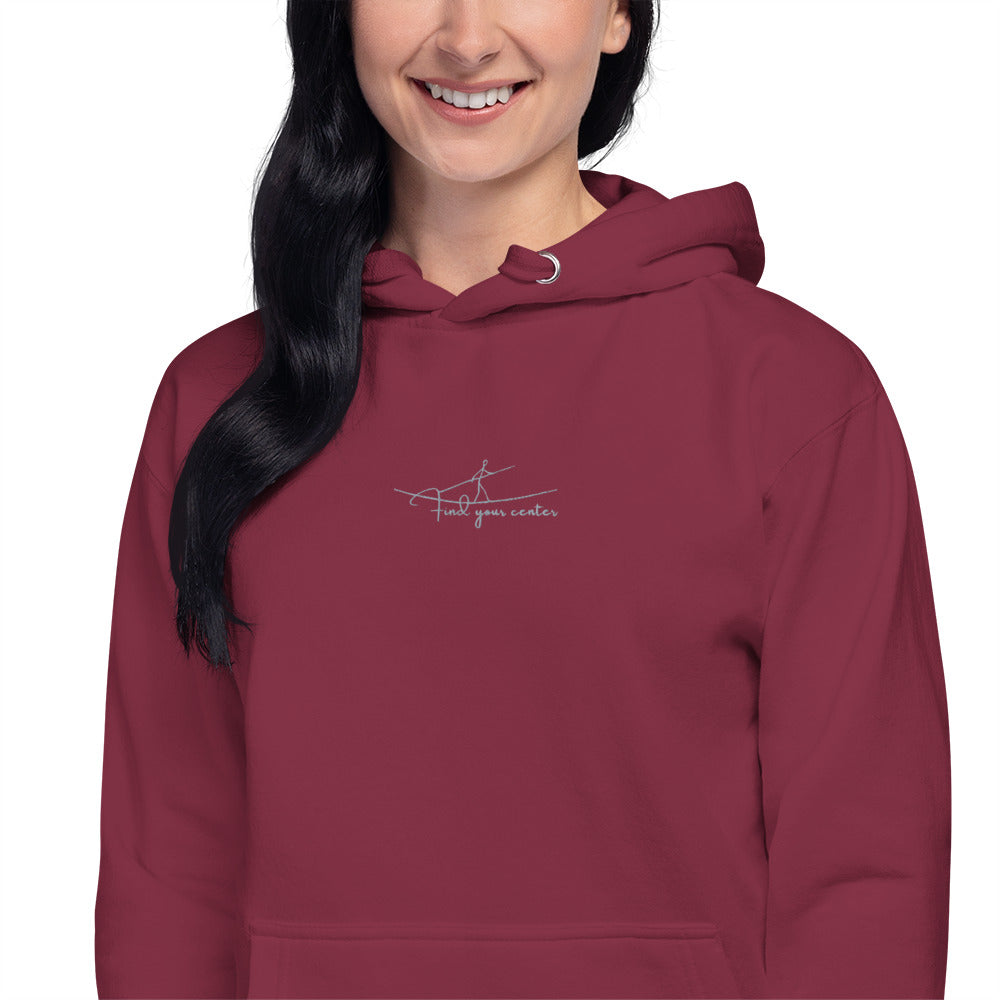 Maroon unisex cotton hoodie with minimalist “Find Your Center” print, soft, cozy fabric for everyday comfort.