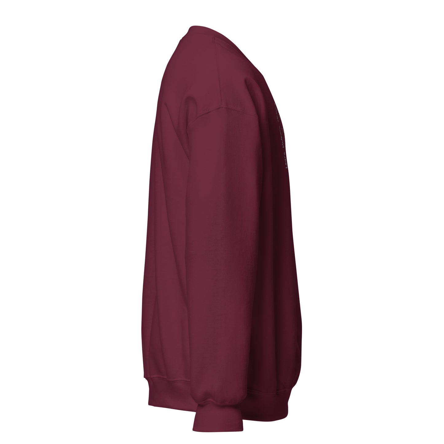 Maroon unisex cotton sweatshirt with “Learn. Unlearn. Relearn.” embroidery and owl design, soft, relaxed fit.