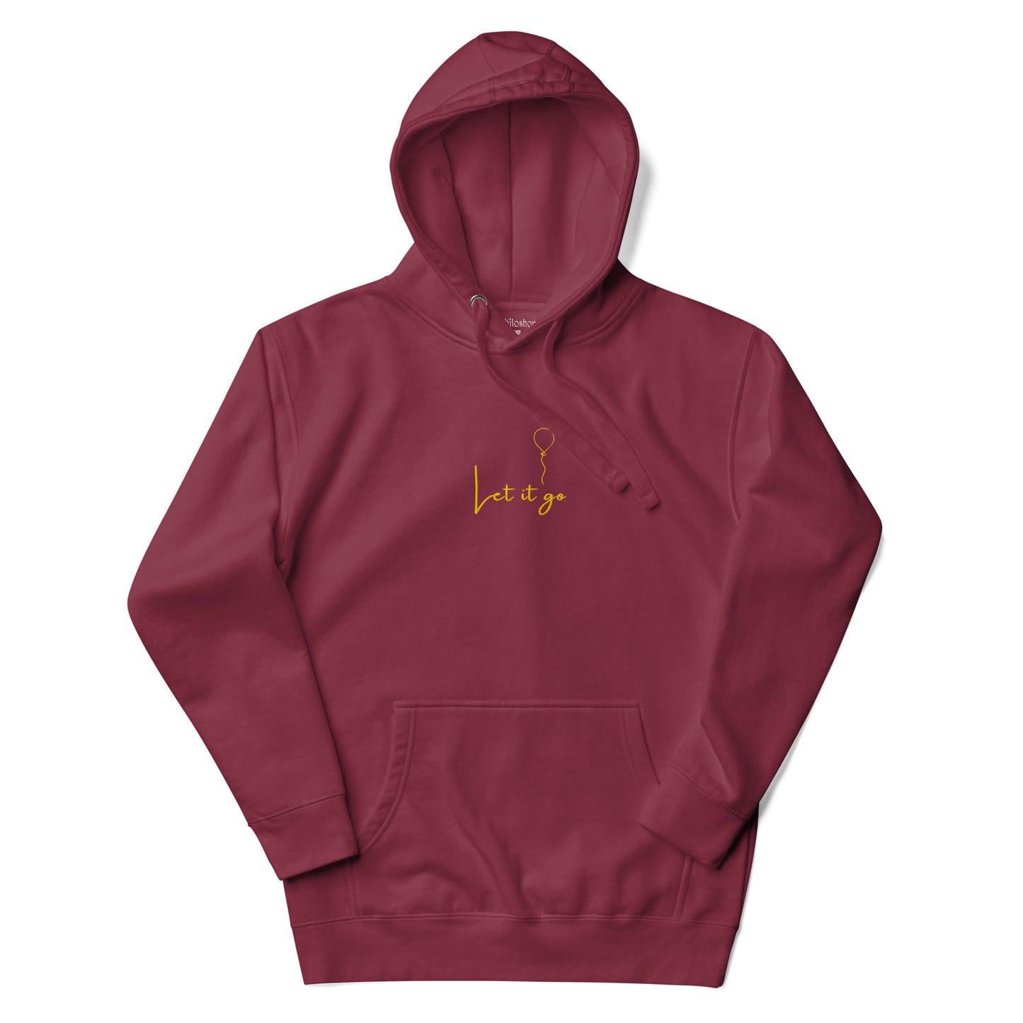 Maroon unisex cotton hoodie with “Let It Be” embroidery; soft, cozy fabric with minimalist design and relaxed fit.