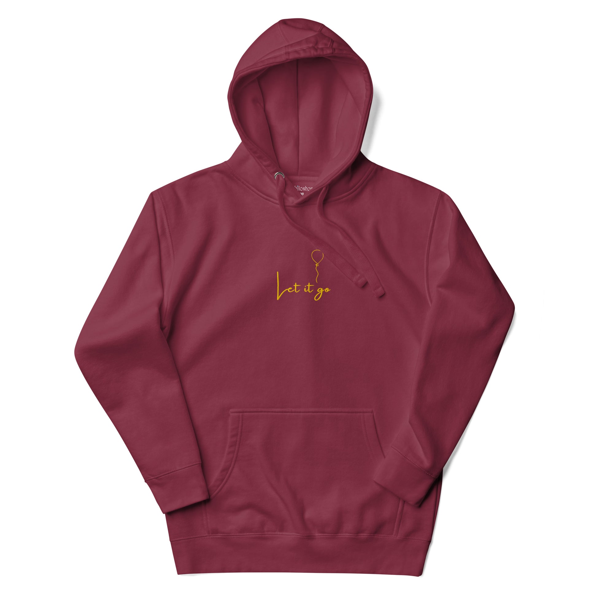 Maroon unisex cotton hoodie with “Let It Be” embroidery; soft, cozy fabric with minimalist design and relaxed fit.