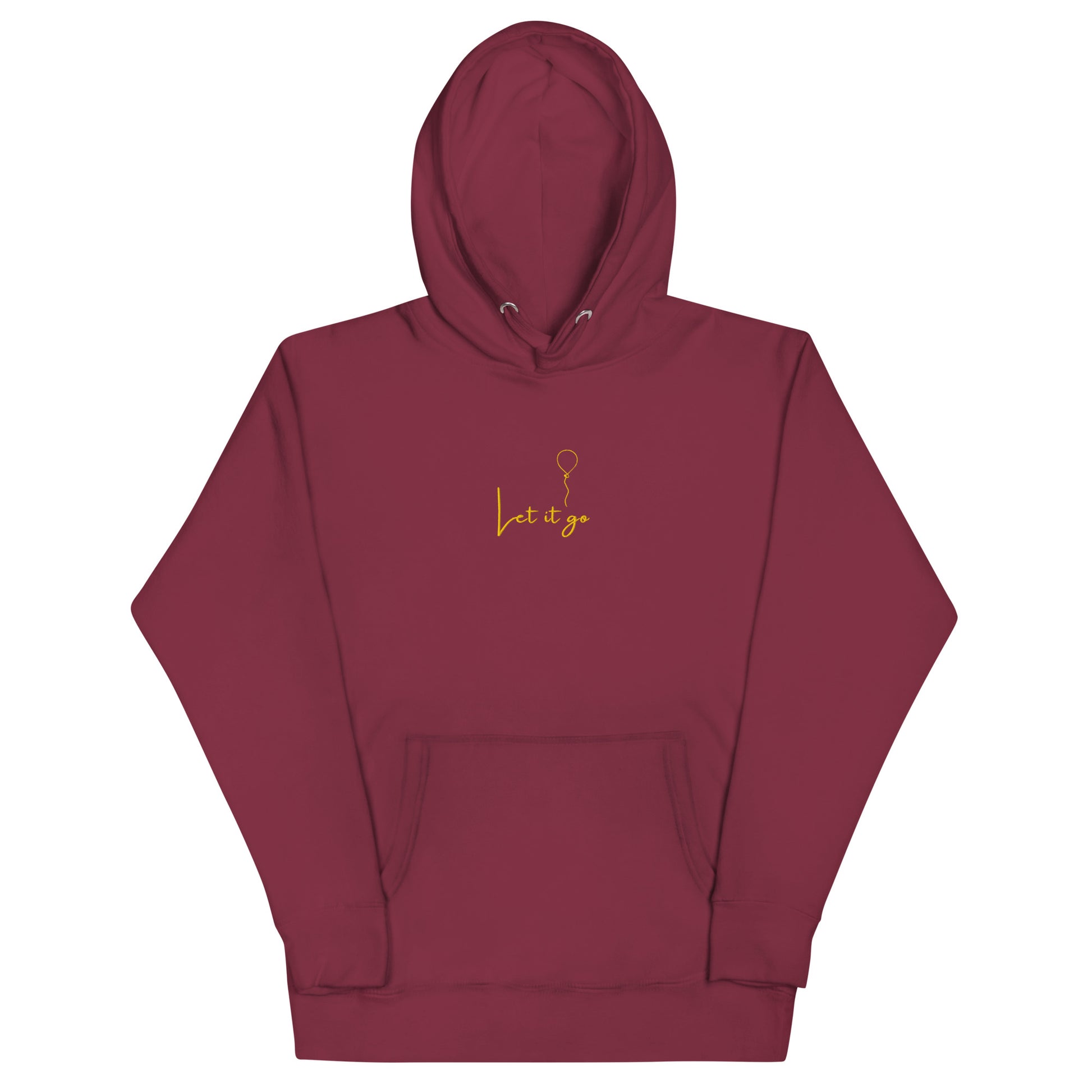 Maroon unisex cotton hoodie with “Let It Be” embroidery; soft, cozy fabric with minimalist design and relaxed fit.
