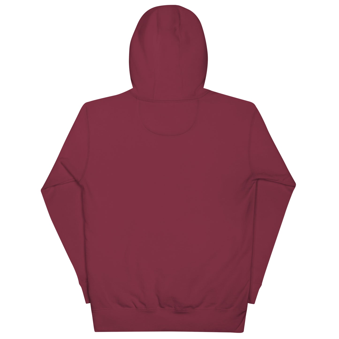 Back of Maroon unisex cotton hoodie with “Let It Be” embroidery in front; soft, cozy fabric with minimalist design and relaxed fit.