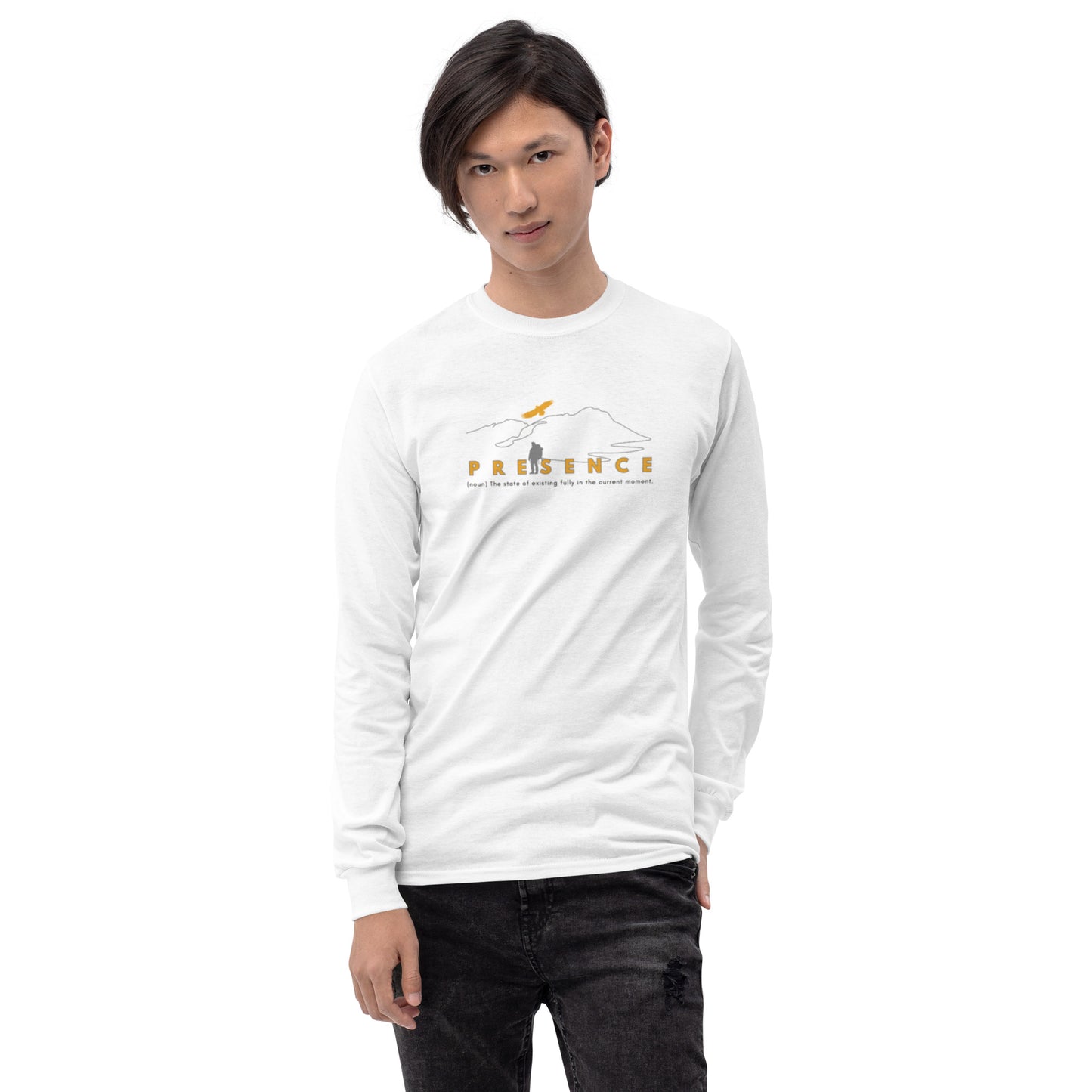 White long-sleeve tee with “Presence (noun)” definition and simple mountain illustration, unisex design celebrating mindfulness, grounding, and calm.