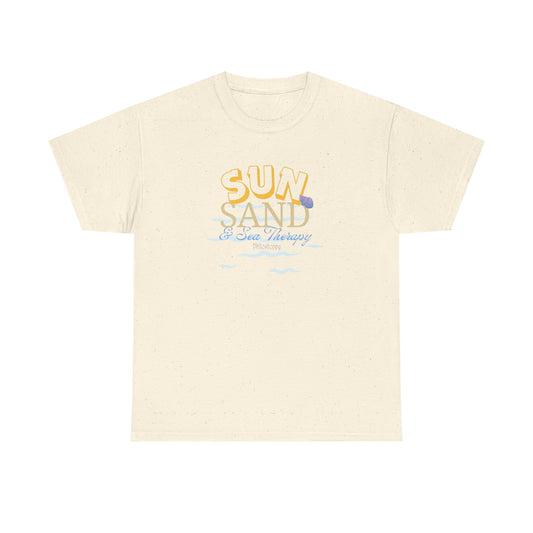 Natural beige cotton T-shirt from Philoshoppy featuring a simple beach design and the phrase 'sun, sand & beach therapy', symbolizing ocean healing, summer wellness, and relaxed living