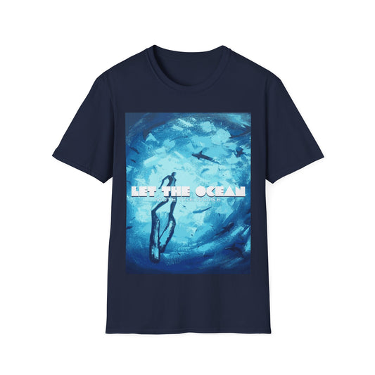Navy blue T-shirt from Philoshoppy featuring a diver graphic and the phrase 'let the ocean mute the noise', symbolizing mindfulness and ocean-inspired calm