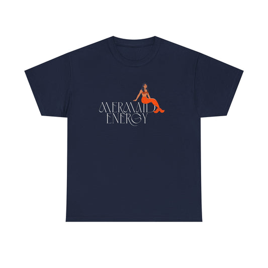 Navy blue cotton T-shirt from Philoshoppy with the phrase 'Mermaid Energy', representing feminine power, ocean magic, and free-spirited confidence.