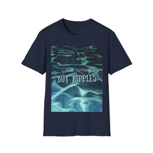 Navy blue T-shirt from Philoshoppy featuring a sea ripple design and the phrase 'leave nothing but ripples', symbolizing mindful living and gentle impact.
