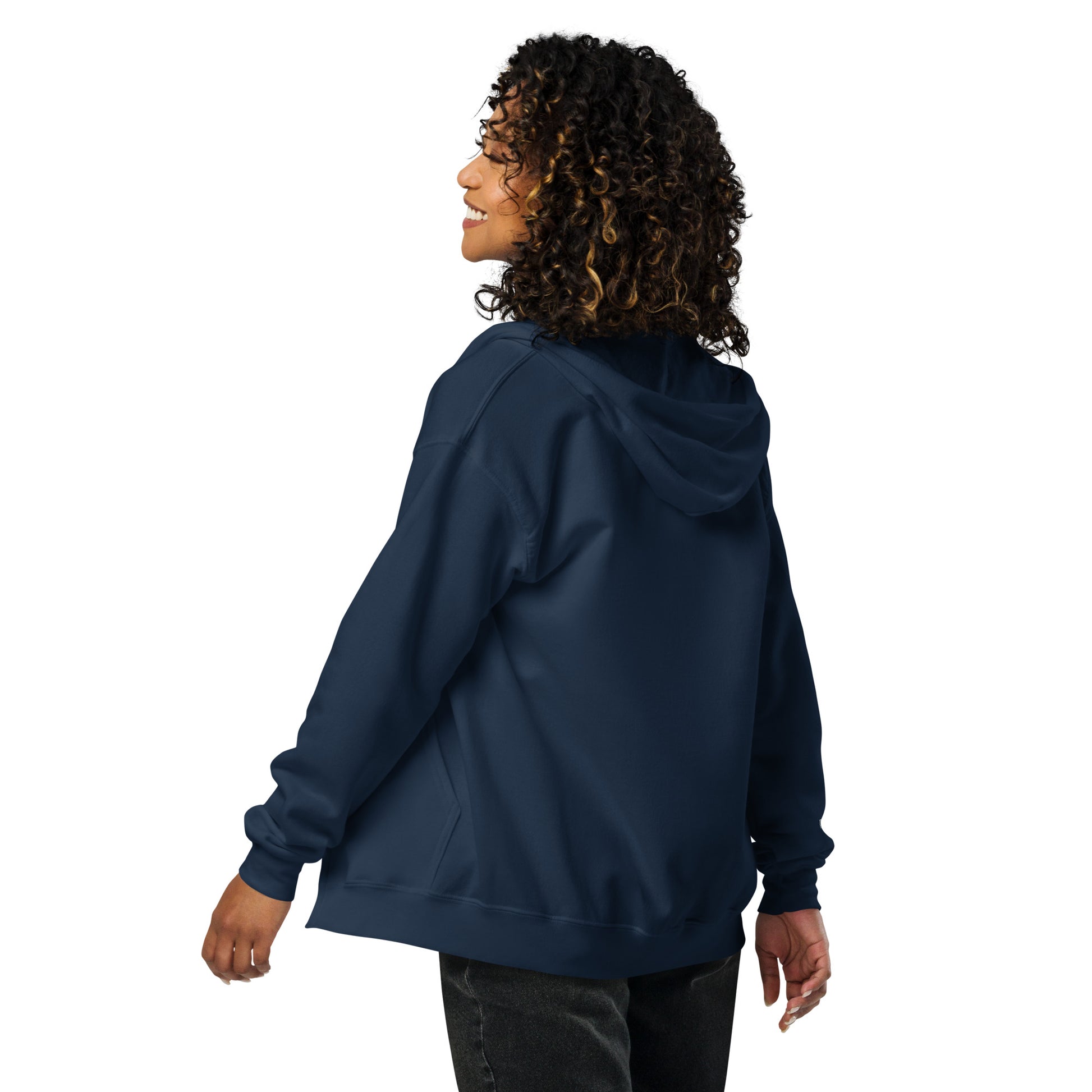 Back of woman modeling a Navy blue unisex cotton hoodie with “Stay Curious” text and hand holding galaxy design, soft, relaxed fit.