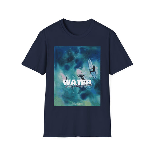 Navy blue T-shirt from Philoshoppyu featuring a surfer design and the phrase 'water is my playground', symbolizing joy, freedom, and a playful life philosophy inspired by the ocean.
