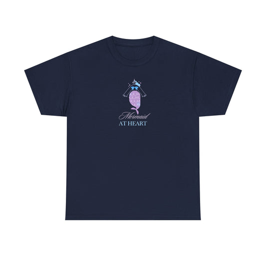 Navy blue cotton T-shirt from Philoshoppy featuring a simple line drawing of a mermaid and the phrase 'mermaid at heart', symbolizing ocean spirit, feminine freedom, and inner magic.