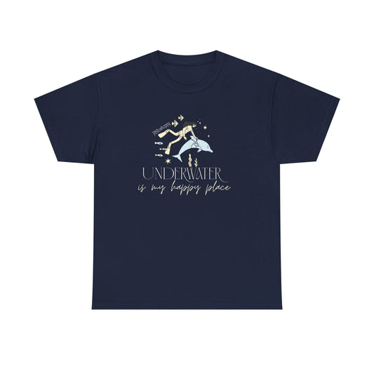 Navy blue cotton T-shirt from Philoshoppy featuring a design of a person swimming with a dolphin and the phrase 'underwater is my happy place', expressing peace, playfulness, and love for ocean life.