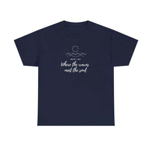Navy blue T-shirt from Philoshoppy featuring a minimalist wave design and the phrase 'meet me where the waves meet the soul', symbolizing inner peace, connection, and emotional depth.