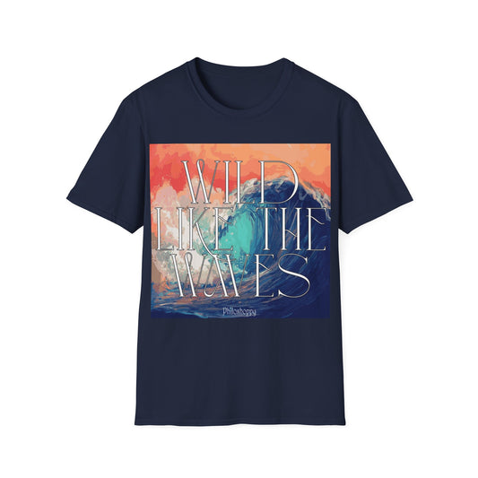 Navy blue T-shirt from Philoshoppy with ocean wave design and the phrase 'wild as the waves', symbolizing freedom, authenticity, and untamed spirit.